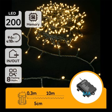 Aigostar - LED buitenlichtsnoer 200xLED/8 functies 3xAA 10,3m IP44 warm wit