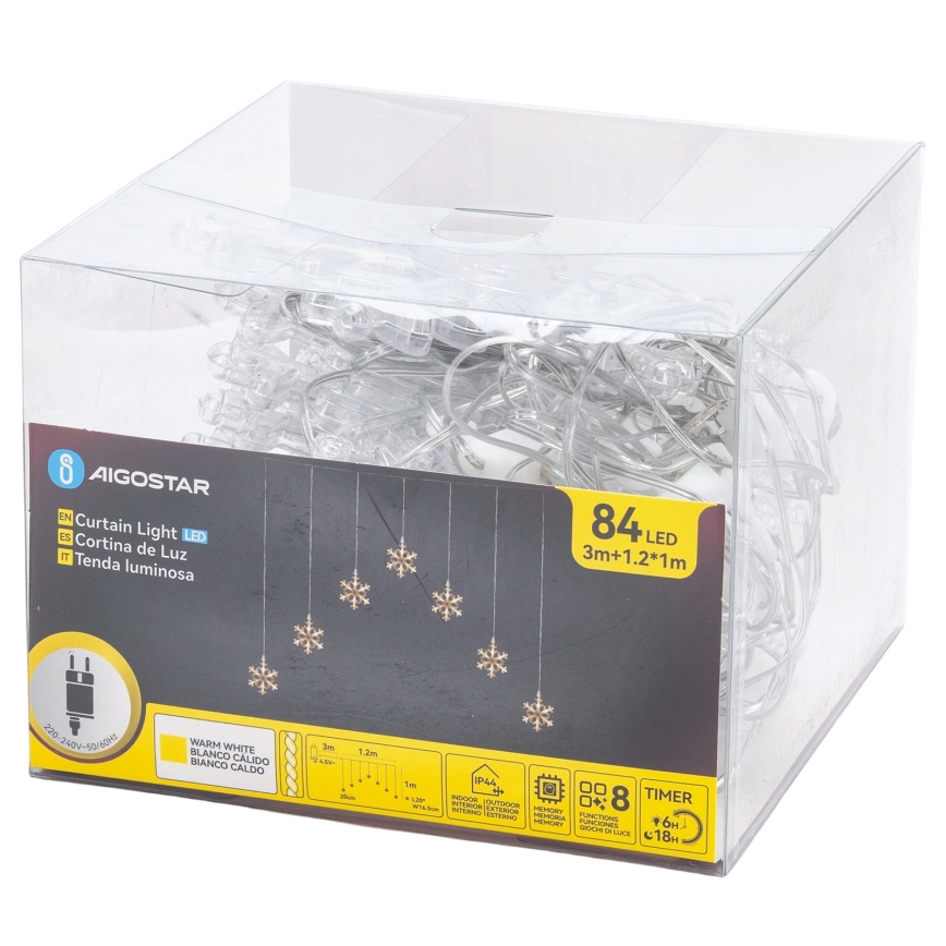 Aigostar - LED-lichtsnoer voor buiten 84xLED/8 functies 1,2x1m IP44 warm wit sneeuwvlokken