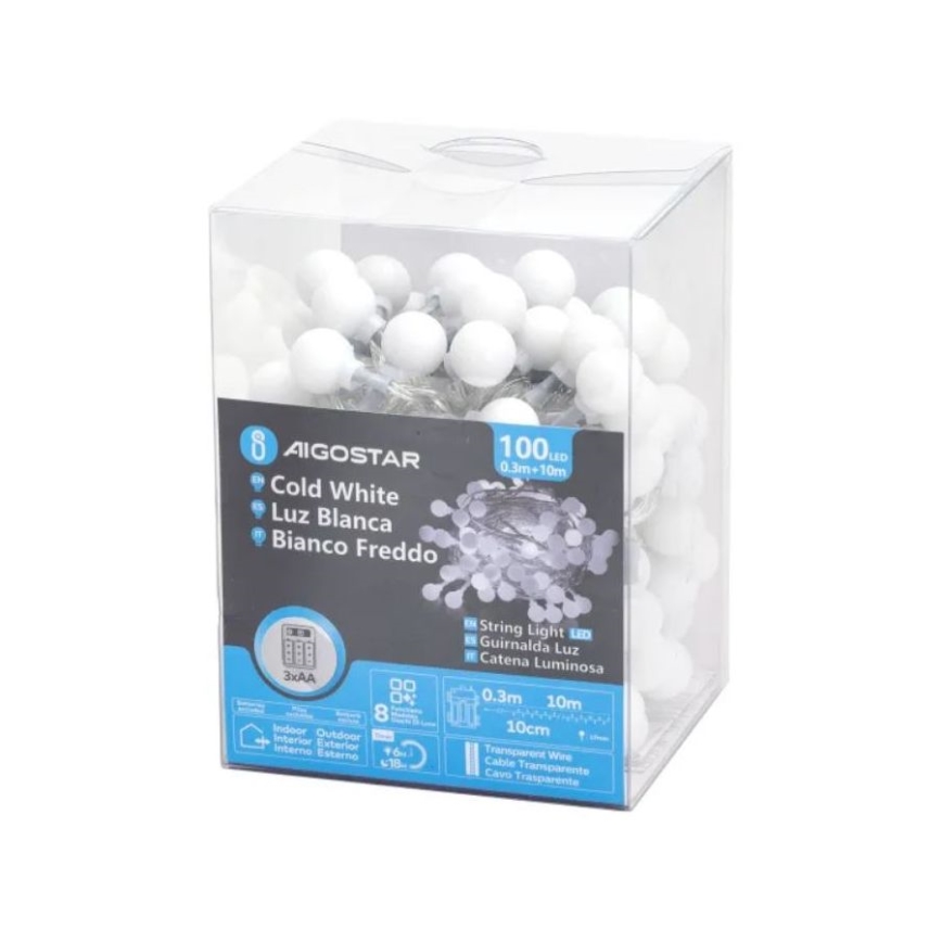 Aigostar - LED-lichtsnoer voor buiten 100xLED/3xAA/8 functies 10,3 m IP44 koud wit