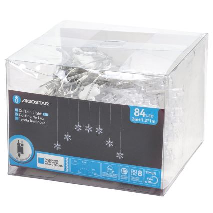 Aigostar - LED buitenlichtsnoer, 84 LED, 8 functies, 1,2 x 1 m, IP44, koel wit, sneeuwvlokken