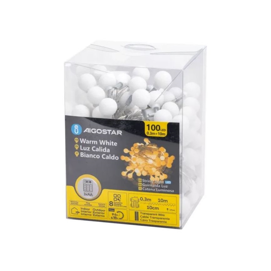 Aigostar - LED-kerstsnoer voor buiten 100xLED/3xAA/8 functies 10,3 m IP44 warm wit