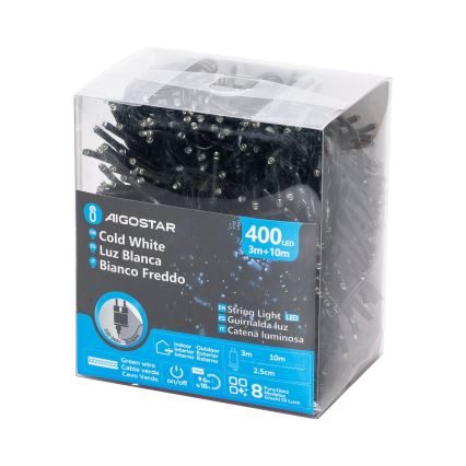 Aigostar - LED buitensnoer, 400 LED, 8 functies, 13 m, IP44, koel wit