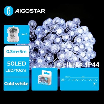 Aigostar - LED buitensnoer 50xLED/3xAA/8 functies 5,3 m IP44 koel wit