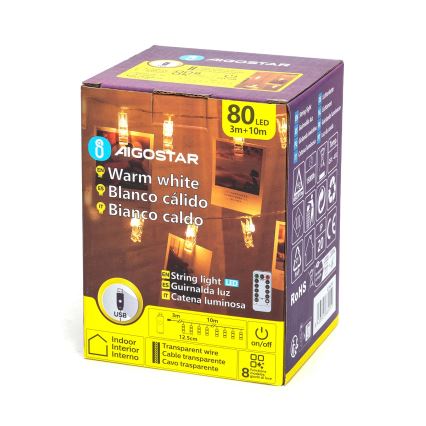Aigostar - LED decoratief lichtsnoer 80xLED/5W/USB 13 m warm wit