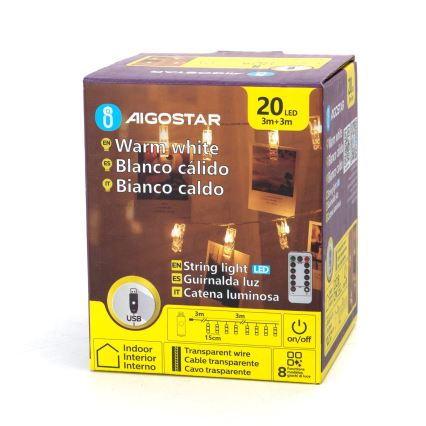 Aigostar - LED decoratiesnoer 20xLED/5W/USB 6 m warm wit