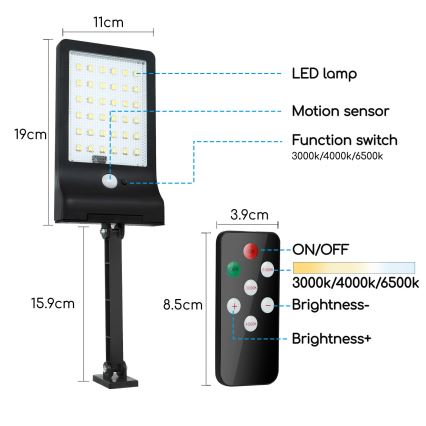 Aigostar - LED Dimbaar zonne- lamp met sensor LED/2,3W/5,5V IP65 + afstandsbediening