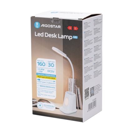Aigostar - LED Dimbare oplaadbare tafellamp LED/2,8W/5V 1800mAh 3000/5000K wit