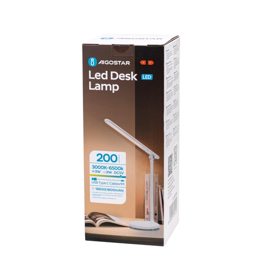Aigostar - LED Dimbare oplaadbare touch tafellamp LED/3W/5V 2700/4000/6500K 1800 mAh