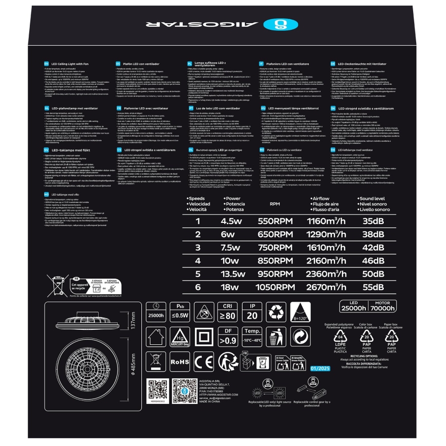 Aigostar - LED dimbare plafondventilator LED/40W/230V 2700-6500K diameter 49 cm + afstandsbediening wit