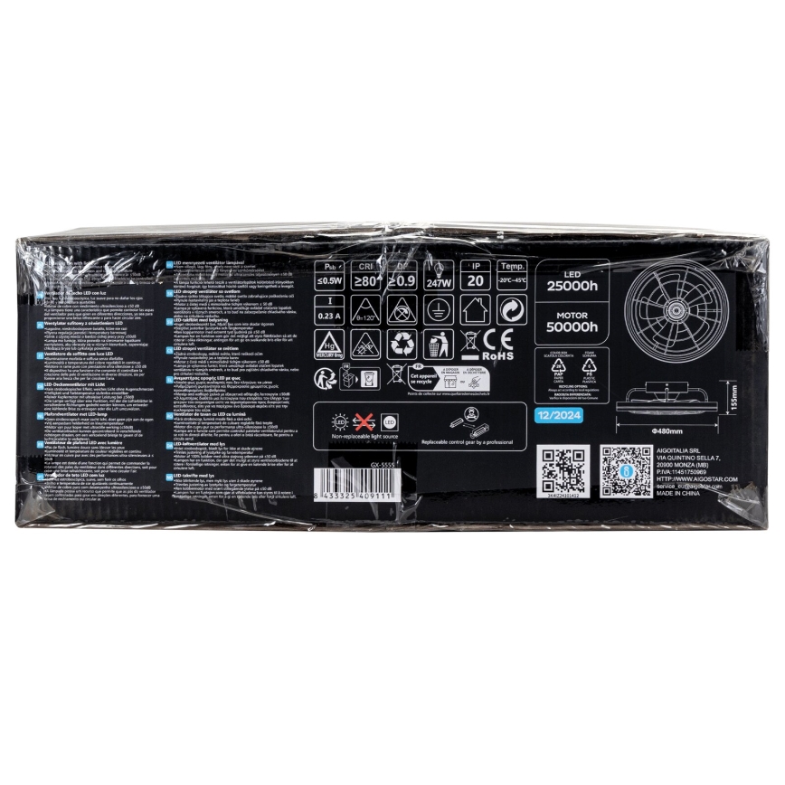 Aigostar - LED dimbare plafondventilator LED/40W/230V 2700-6500K diameter 48 cm + afstandsbediening zwart