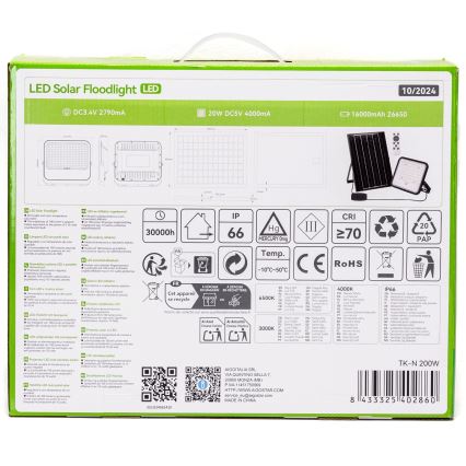 Aigostar - LED Dimbare zonne-schijnwerper LED/200W/3,4V 3000/4000/6500K IP66 + afstandsbediening