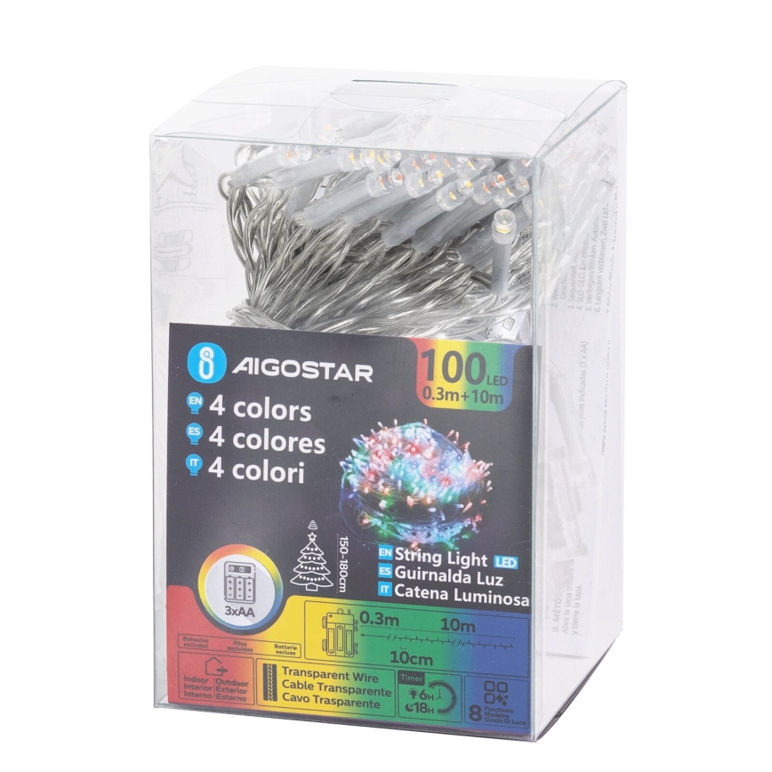 Aigostar - Guirlande de Noël extérieure à LED, 100xLED/8 fonctions, 3 piles AA, 10,3 m, IP44, multicolore
