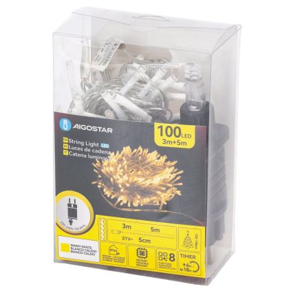 Aigostar - LED Guirlande de Noël d'extérieur 100xLED/8 fonctions 5,3 m IP44 blanc chaud