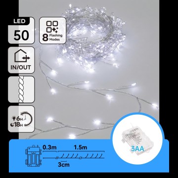 Aigostar - LED Guirlande de Noël d'extérieur 50xLED/8 fonctions 3xAA 1,8m IP44 blanc froid