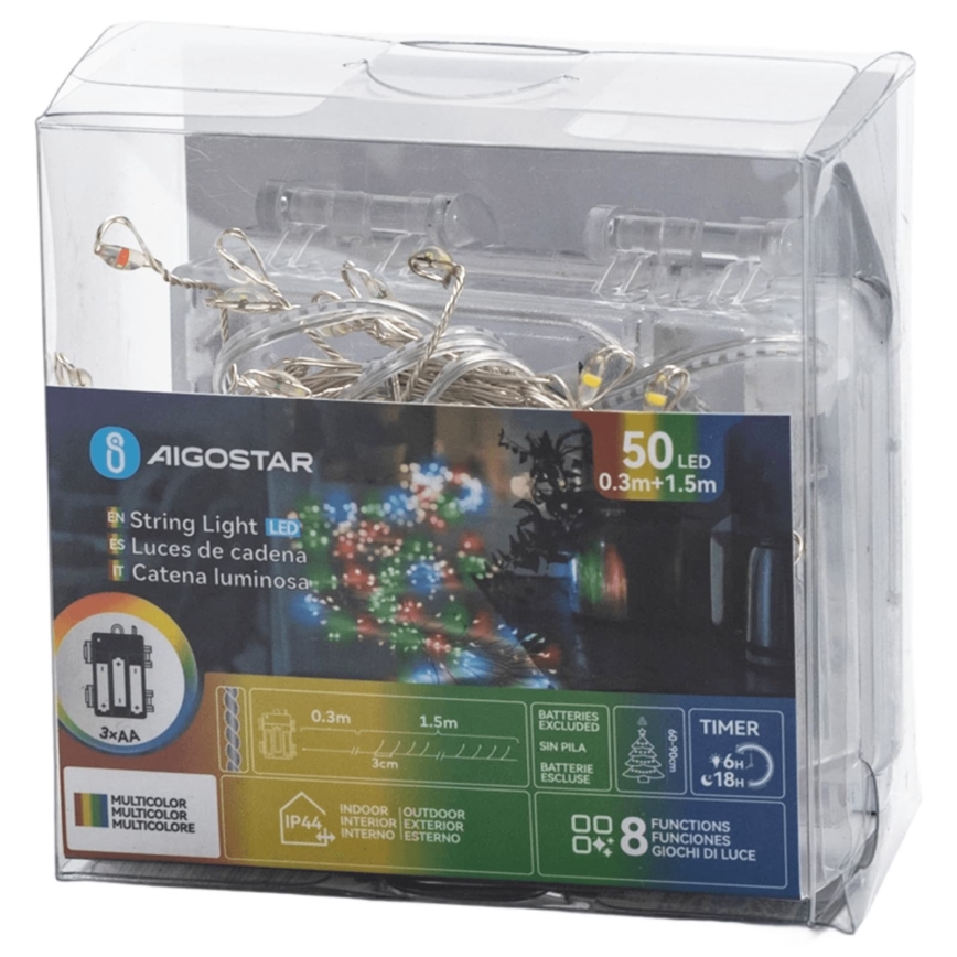 Aigostar - LED guirlande de Noël d'extérieur 50xLED/8 fonctions 3xAA 1,8m IP44 multicolore