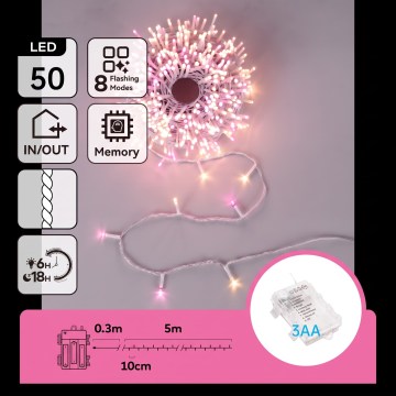 Aigostar - LED Guirlande de Noël d'extérieur 50xLED/8 fonctions 3xAA 5,3m IP44 rose/blanc chaud