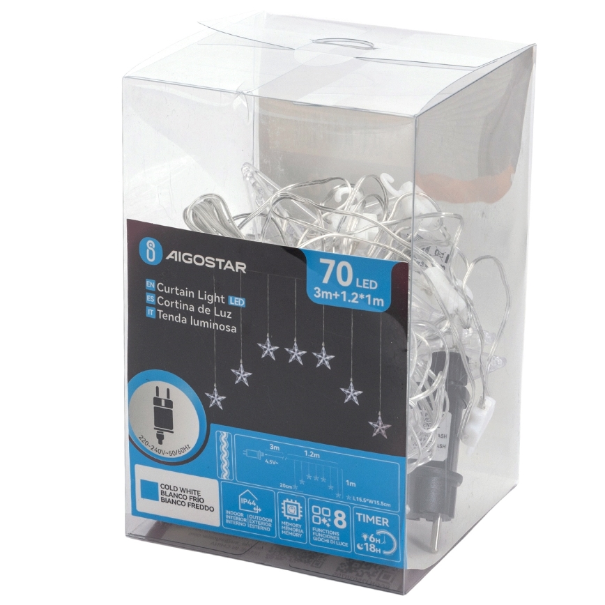 Aigostar - Guirlande de Noël LED extérieure 70xLED 1,2x1m IP44 blanc froid, motif étoiles