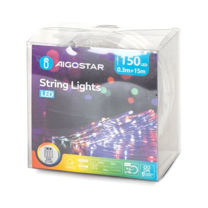 Aigostar - Guirlande de Noël LED d'extérieur 150xLED/8 fonctions 3xAA 15,3m IP44 multicolore