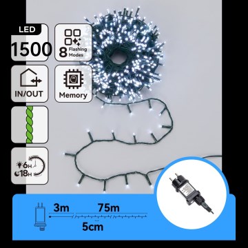 Aigostar - LED Guirlande de Noël extérieure 1500xLED/8 fonctions 78m IP44 blanc froid
