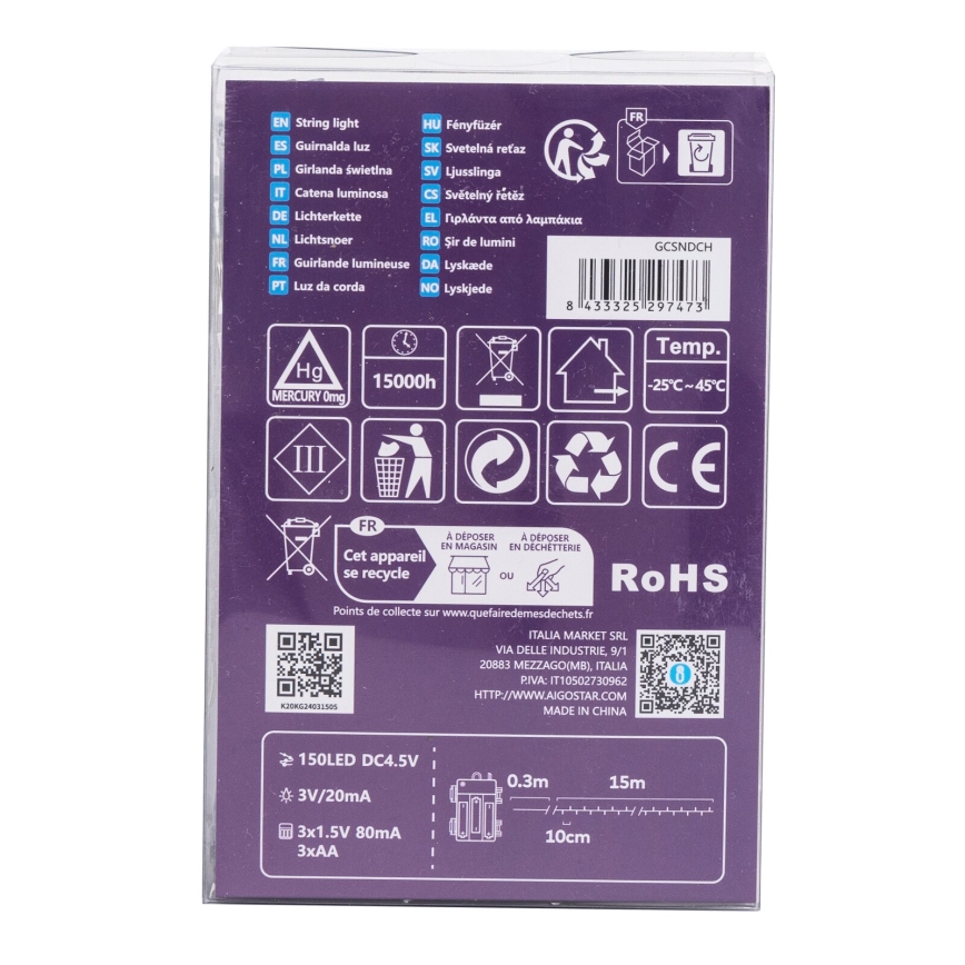 Aigostar -LED Guirlande de Noël extérieure 150xLED/8 fonctions 3xAA 15,3m IP44 multicolore