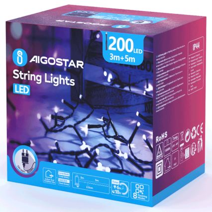Aigostar - LED guirlande de Noël extérieure 200xLED/8 fonctions 8m IP44 blanc froid