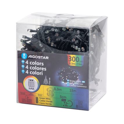 Aigostar -LED Guirlande d'extérieur 300xLED/8 fonctions 3xAA 15,3m IP44 multicolore