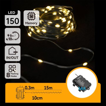Aigostar -LED Guirlande lumineuse de Noël d'extérieur 150xLED/8 fonctions 3xAA 15,3m IP44 blanc chaud