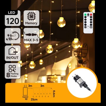 Aigostar - LED Guirlande lumineuse extérieure de Noël 120xLED/8 fonctions 3x0,6m IP44 blanc chaud + télécommande