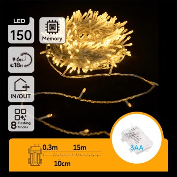 Aigostar -LED Guirlande lumineuse extérieure de Noël 150 LED / 8 fonctions, fonctionne avec 3 piles AA, 15,3 m, IP44, blanc chaud