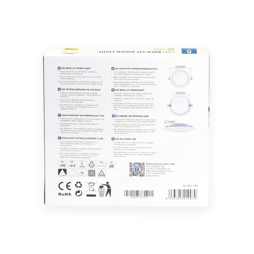 Aigostar - LED inbouwarmatuur LED/18W/230V 3000K Ø 22,2 cm wit