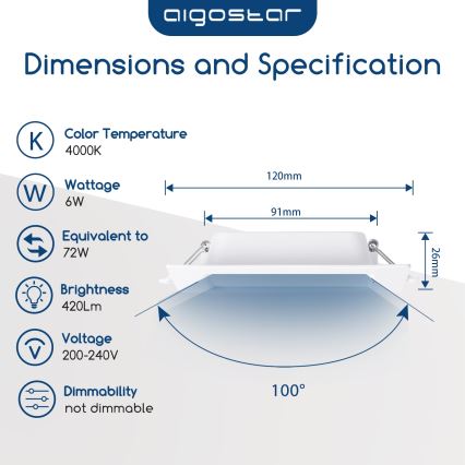 Aigostar - LED Inbouwlamp LED/6W/230V 4000K 12x12 cm wit