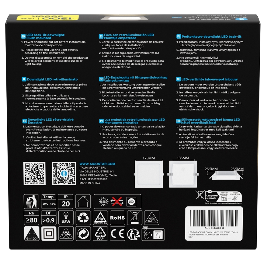 Aigostar - LED Inbouwspot LED/12W/230V 3000K 17,5x17,5 cm wit