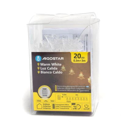 Aigostar - LED Kerst lichtsnoer 20xLED/3xAA 3,3m bomen
