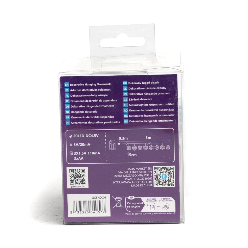 Aigostar - LED Kerst lichtsnoer 20xLED/3xAA 3,3m sneeuwvlokken