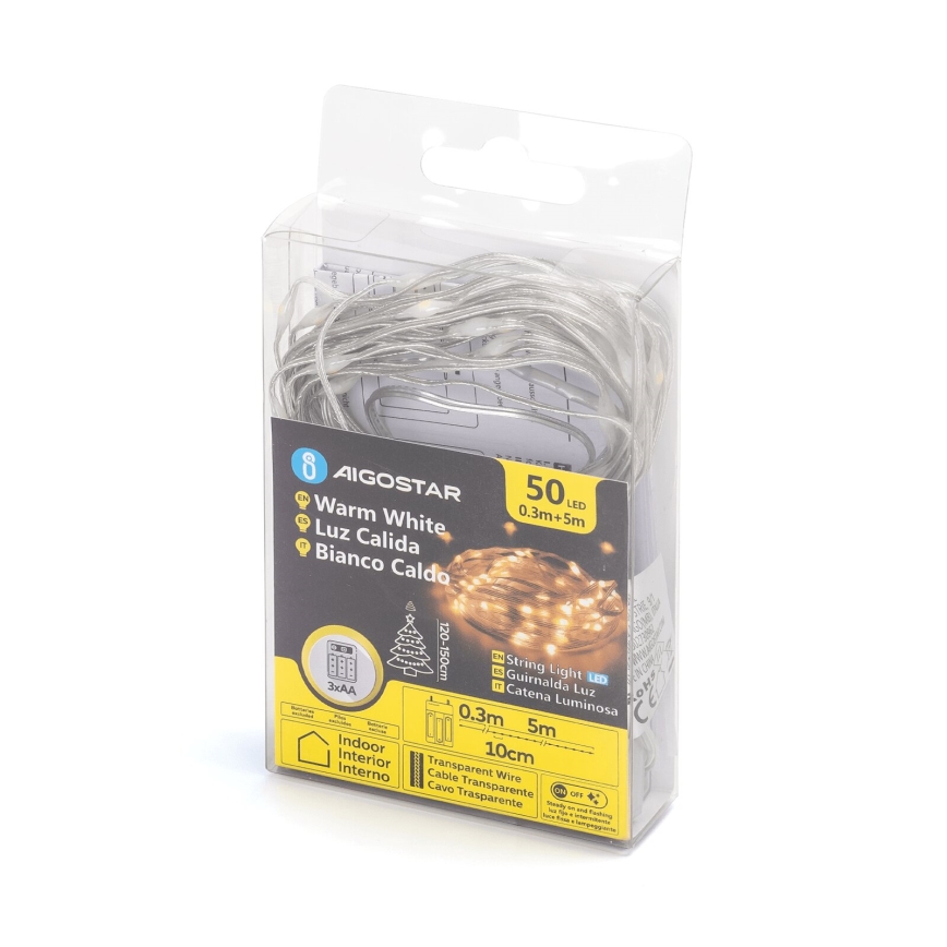Aigostar - LED Kerst lichtsnoer 50xLED/3xAA 5,3m warm wit