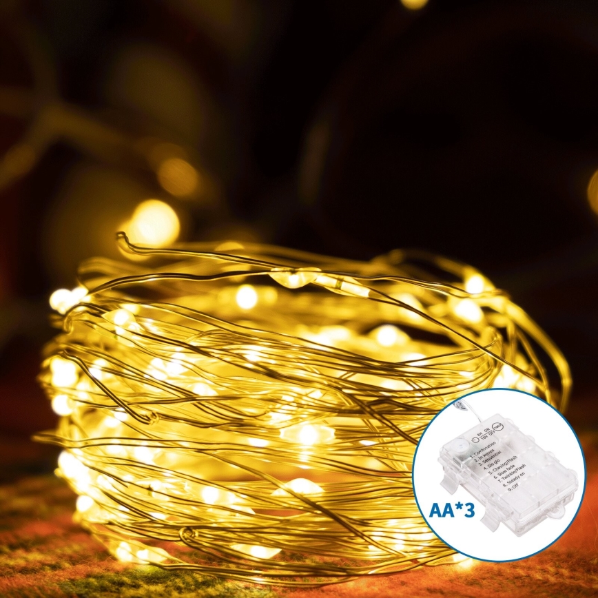 Aigostar -LED Kerst lichtsnoer voor buiten 100xLED/8 Functies 3xAA 10,3m IP44 warm wit