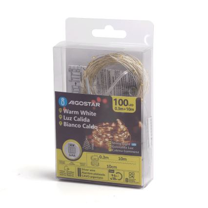 Aigostar -LED Kerst lichtsnoer voor buiten 100xLED/8 Functies 3xAA 10,3m IP44 warm wit
