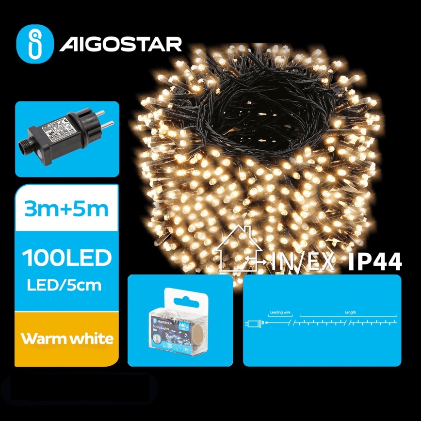 Aigostar - LED Kerst lichtsnoer voor buiten 100xLED/8 Functies 8m IP44 warm wit