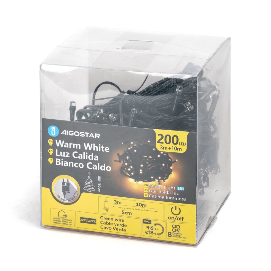 Aigostar - LED Kerst lichtsnoer voor buiten 200xLED/8 Functies 13m IP44 warm wit