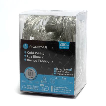 Aigostar - LED Kerst lichtsnoer voor buiten 200xLED/8 Functies/3xAA 6x1,5m IP44 koud wit