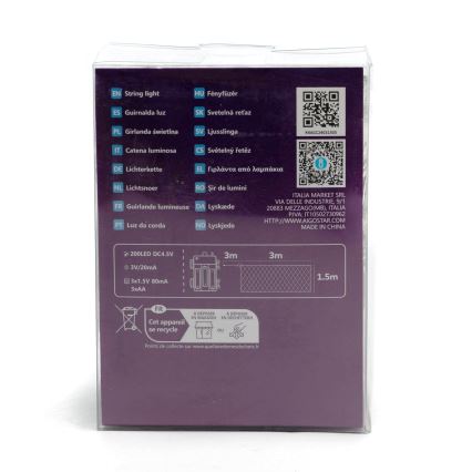 Aigostar - LED Kerst lichtsnoer voor buiten 200xLED/8 Functies/3xAA 6x1,5m IP44 koud wit