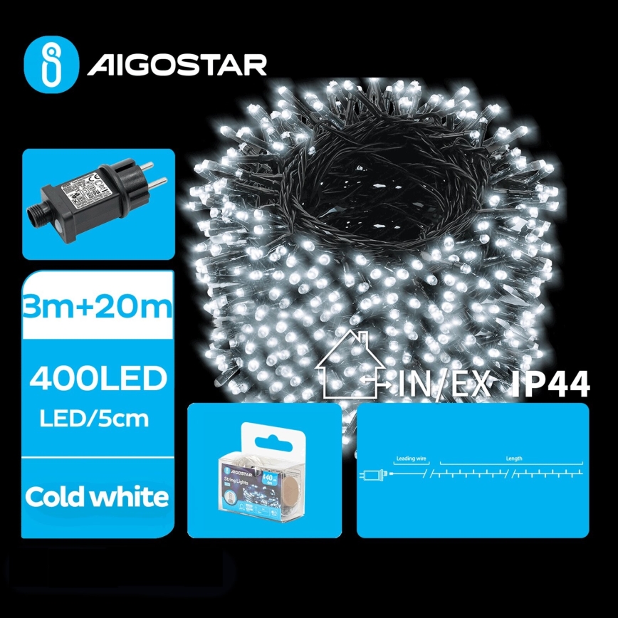 Aigostar - LED Kerst lichtsnoer voor buiten 400xLED/8 Functies 23m IP44 koud wit