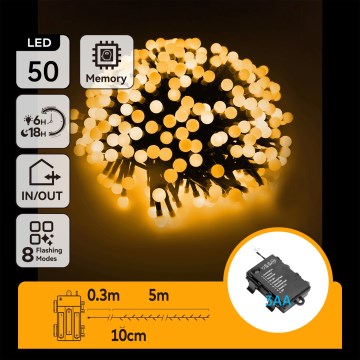 Aigostar - LED Kerst lichtsnoer voor buiten 50xLED/8 Functies 3xAA 5,3m IP44 warm wit