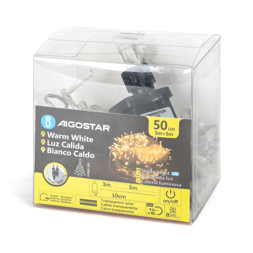 Aigostar - LED Kerst lichtsnoer voor buiten 50xLED/8 Functies 8m IP44 warm wit
