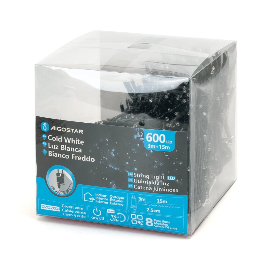 Aigostar - LED Kerst lichtsnoer voor buiten 600xLED/8 Functies 18m IP44 koud wit