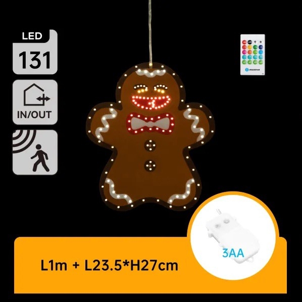 Aigostar - LED kerstdecoratie, 131 LED, 3x AA, IP44, met afstandsbediening — peperkoekfiguur, 27 cm