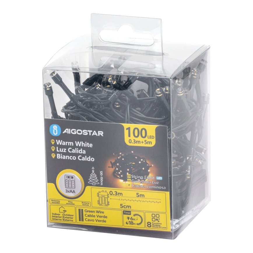 Aigostar - LED kerstverlichting voor buiten, 100 LED / 8 functies, 3 x AA, 5,3 m, IP44, warm wit