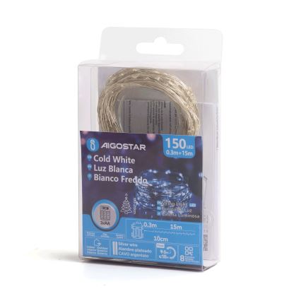 Aigostar - LED buiten kerstsnoer 150xLED/8 functies/3xAA 15,3m IP44 koud wit
