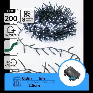 Aigostar - LED kerstlichtsnoer voor buiten 200xLED/8 functies 3xAA 5,3 m IP44 koud wit