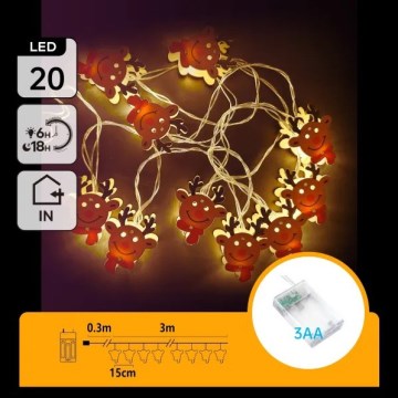 Aigostar - LED Kerstmis String 20xLED/3xAA 3m Warm White Reindeer